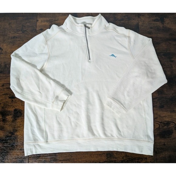 Tommy Bahama San Marino 1/4 Zip Pullover XXL Cream Embroidered Marlin w/Stretch - Picture 2 of 12